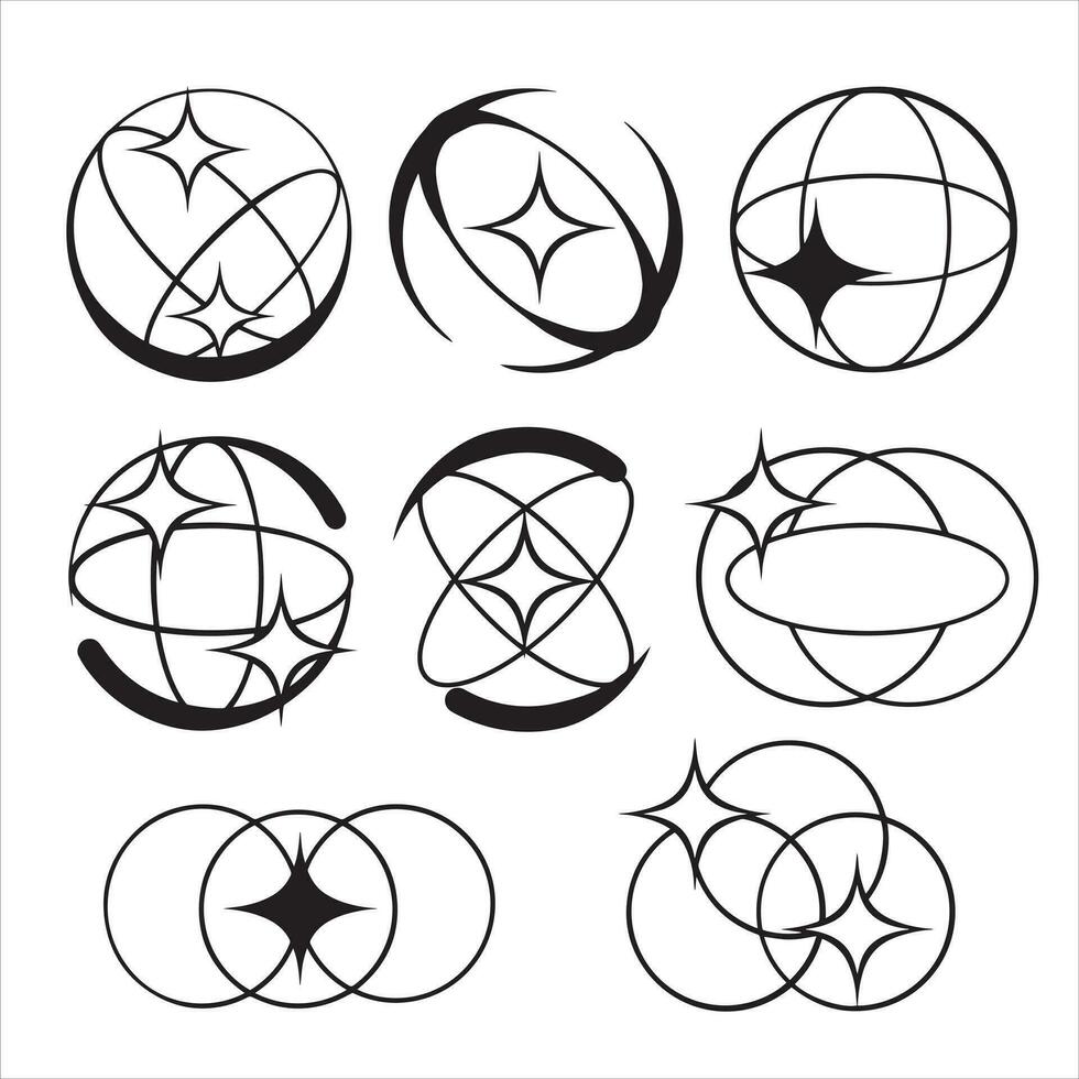 Y2K stars, starburst and retro futuristic graphic set. Collection of Trendy brutal rounded ring collection vector