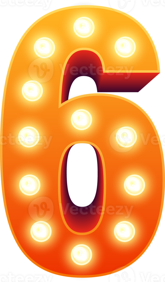 Number 6 retro light bulbs element isolated illustration png