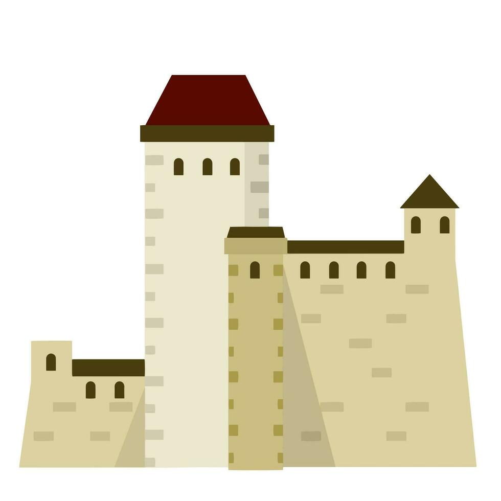 Narva castle. Fortress of knight and king with tower and wall. Tourist attraction in Estonia. Eastern European landmark. Medieval stone citadel. Flat cartoon illustration vector