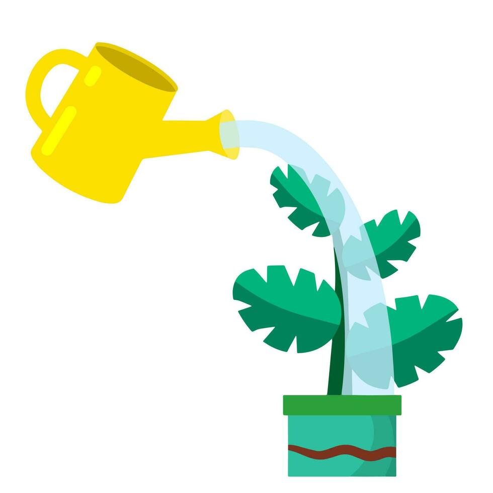 cuidado de la planta de la casa. regadera amarilla con agua. maceta con flores y hojas verdes. Crecimiento y desarrollo. jardinería y pasatiempos. caricatura plana aislada en blanco vector