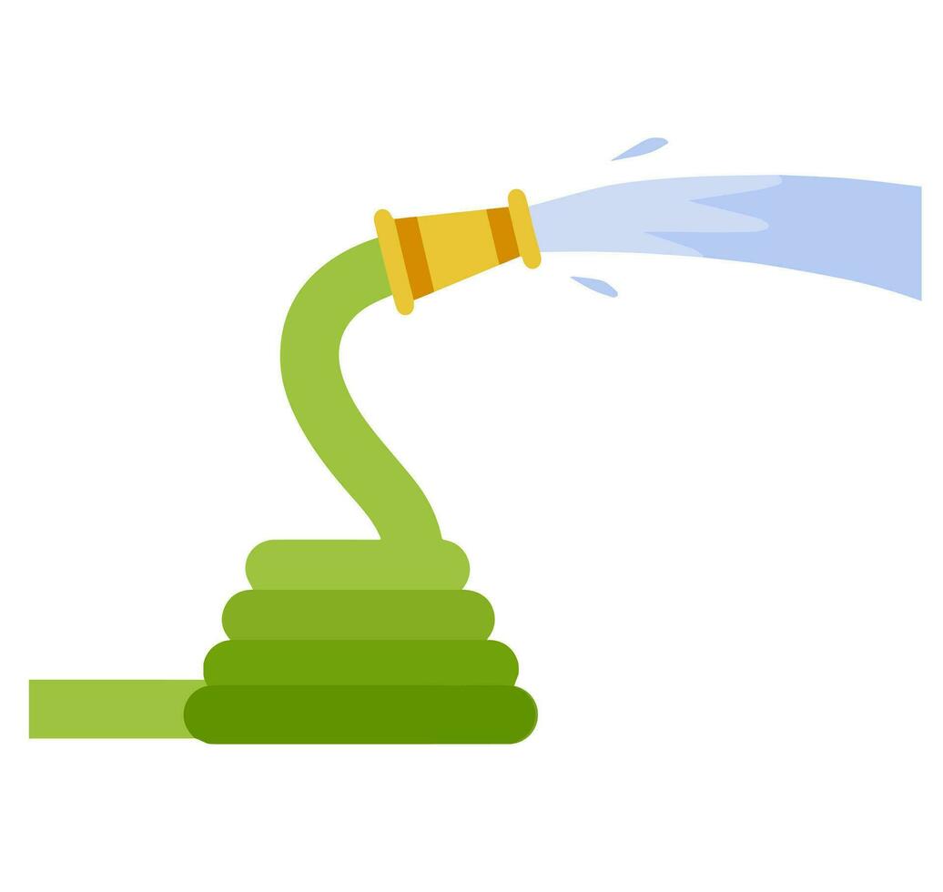 Hose. Jet of water. Fire fighting and watering of lawn. Green tube. Flat cartoon illustration vector