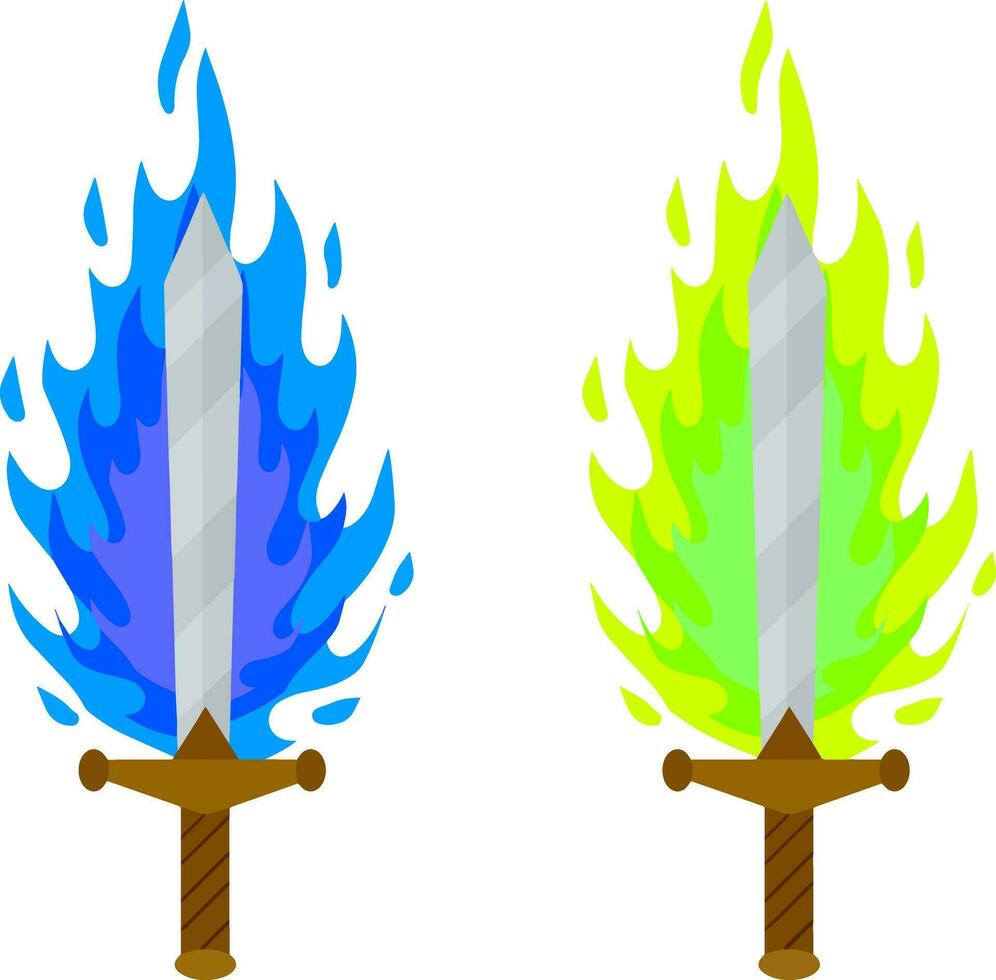 ardiente espada. magia arma de un caballero, un hechicero, un mago. verde ácido y azul fuego deletrear. el medieval elemento de el juego. peligroso frío llamas dibujos animados plano ilustración. ardiente cuchilla. vector