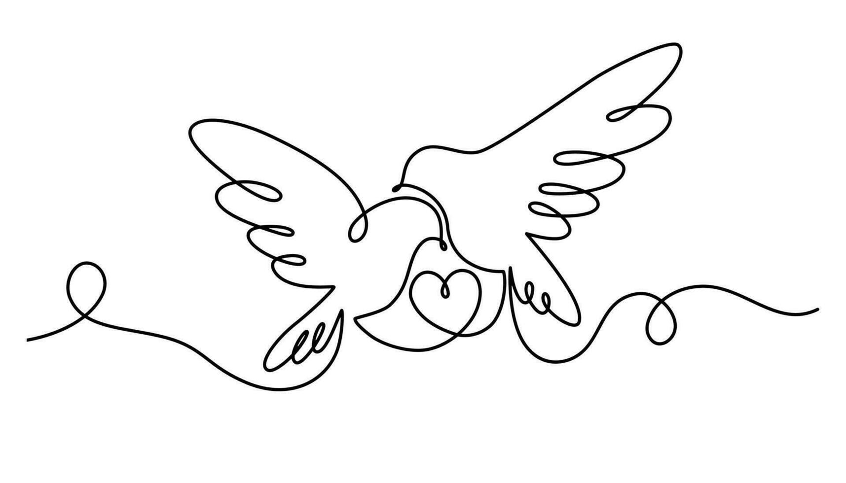 Pigeons with a heart one continuous line drawing. Bird symbol of peace, love and freedom in simple linear style. Valentine Day. Vector outline illustration for banner, brochure, poster, presentation