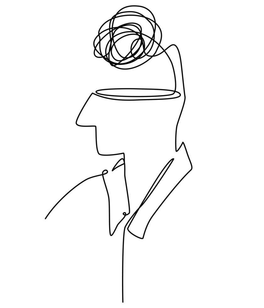 Continuous one line drawing of person with confused messy feelings worried about bad mental health. Work burnout and anxiety concept in simple linear style. Editable stroke. Vector illustration