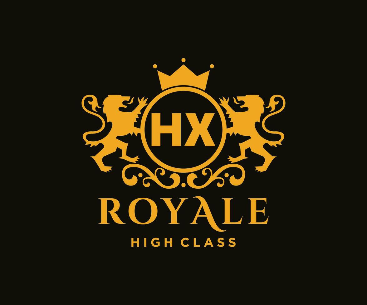 Golden Letter HX template logo Luxury gold letter with crown. Monogram alphabet . Beautiful royal initials letter. vector