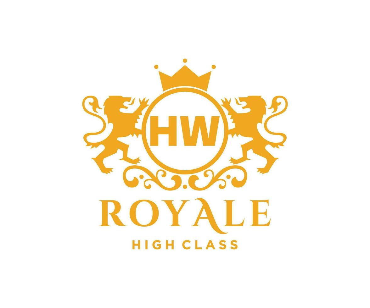 Golden Letter HW template logo Luxury gold letter with crown. Monogram alphabet . Beautiful royal initials letter. vector