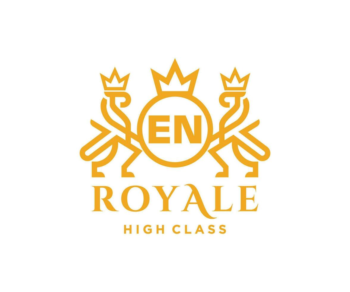 Golden Letter EN template logo Luxury gold letter with crown. Monogram alphabet . Beautiful royal initials letter. vector