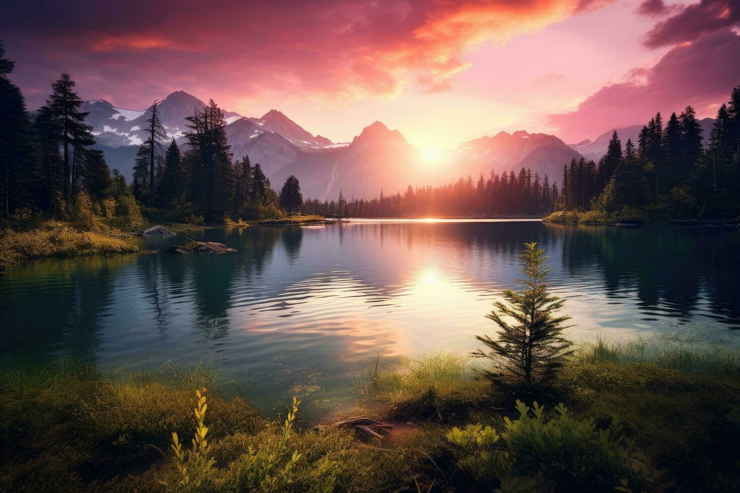 Sunset at the lake in Banff National Park, Alberta, Canada, Beautiful lake landscape view with green trees, mountains, and sunset, AI Generated photo