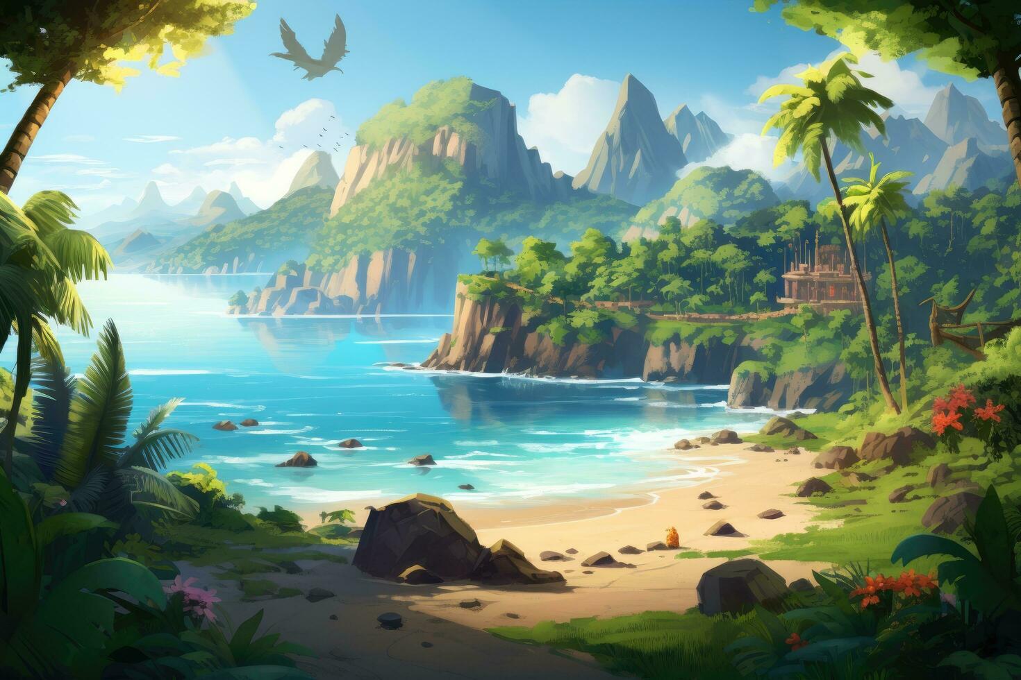 Digital painting of a tropical beach with rocks, palm trees and coconut trees, Beautiful tropical island landscape view on a sunny day, AI Generated photo