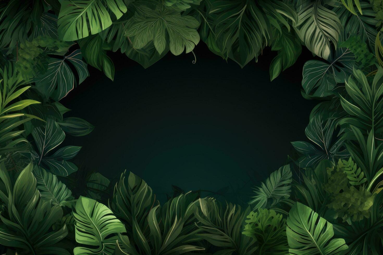Tropical background with monstera leaves and space for text. Beautiful jungle background with border made of tropical leaves, AI Generated photo