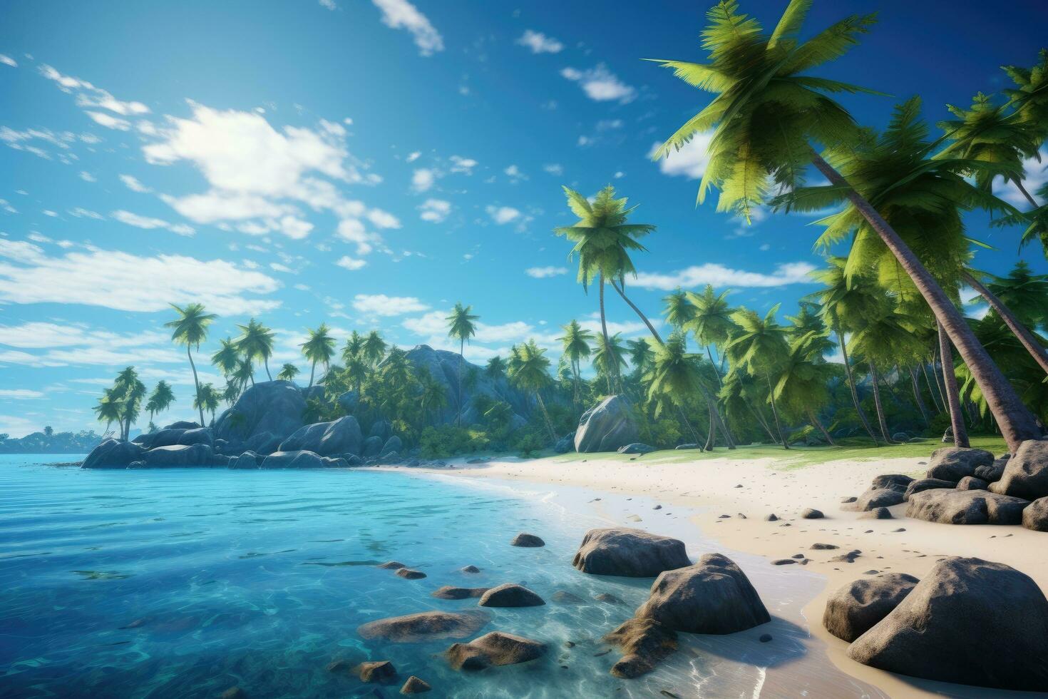 Tropical beach with palm trees and rocks. 3d render, Beautiful tropical island landscape view on a sunny day, AI Generated photo