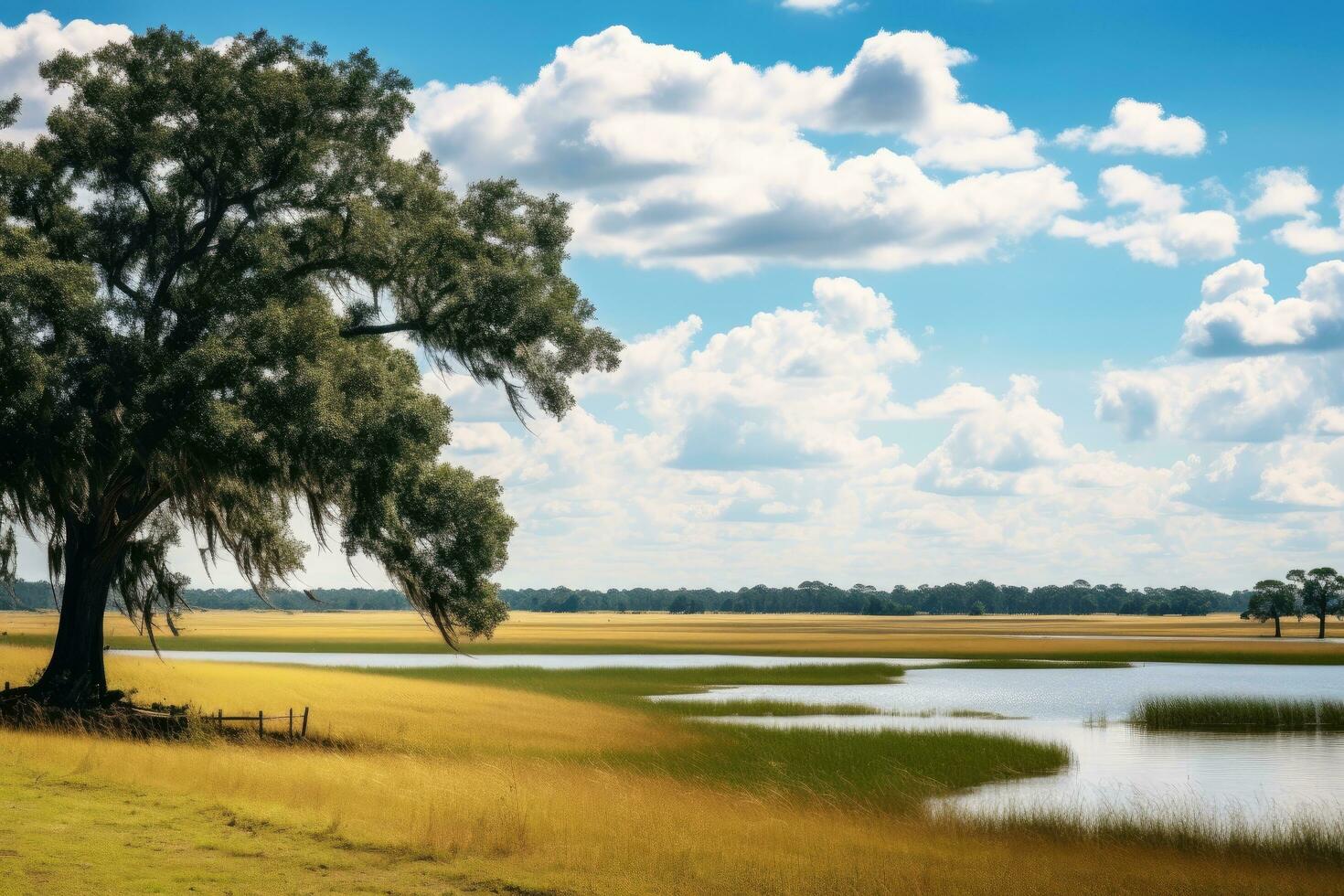 Landscape of meadow with tree and lake under blue sky. Beautiful savannah landscape view on a sunny day, AI Generated photo