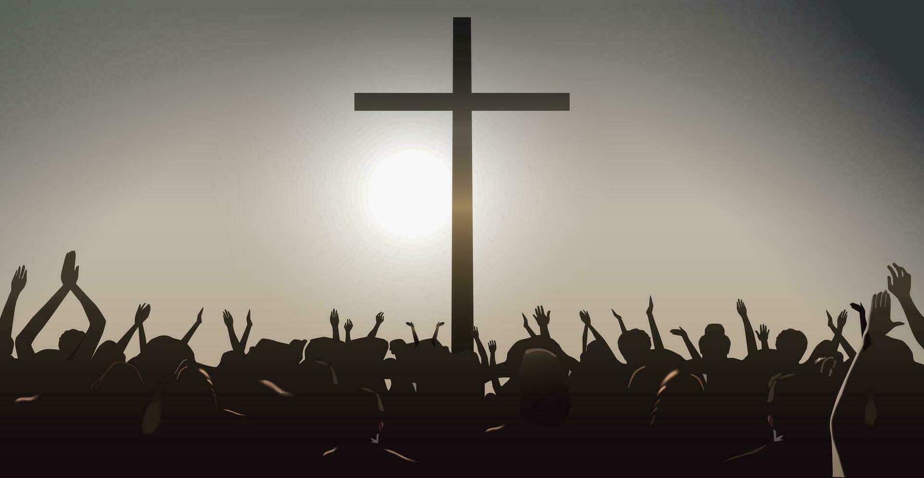 People raise their hands in front of the cross to pray. Many people worship God. vector