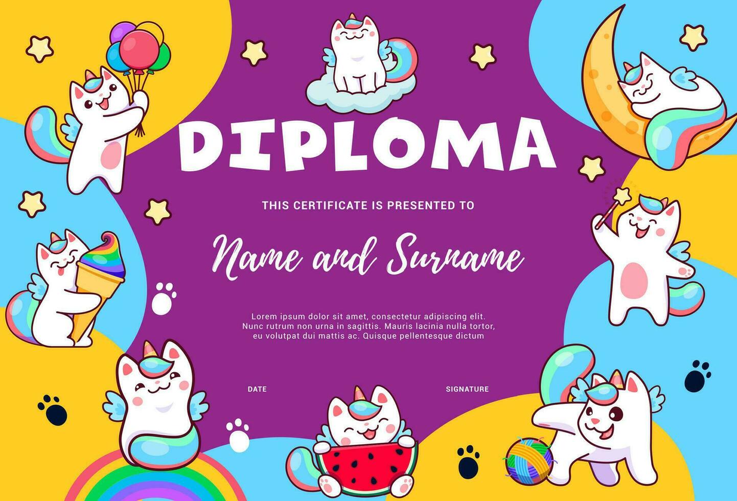 Kids diploma. Cartoon cute caticorn cats, kittens vector