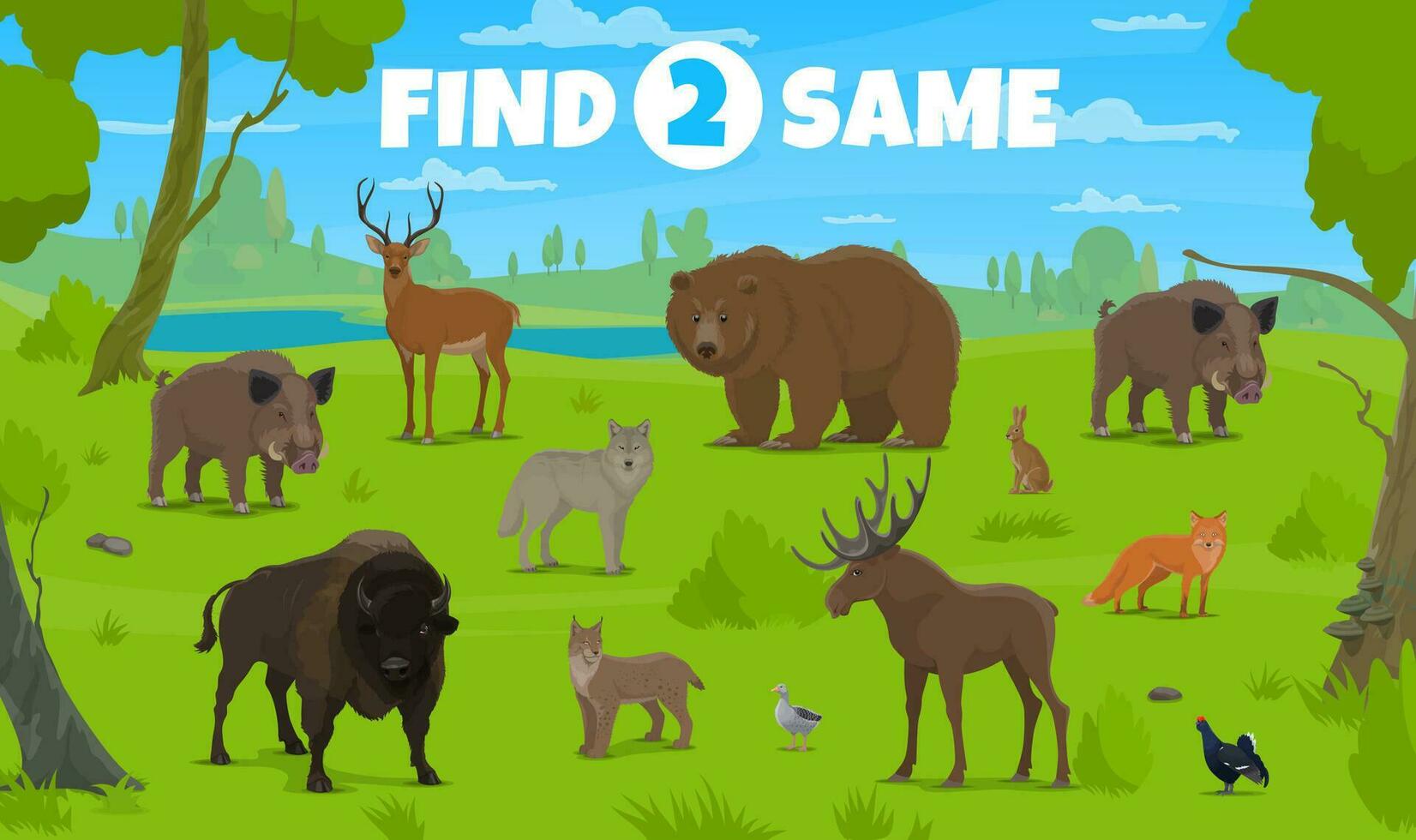 Find two same forest animals, kids game or quiz vector