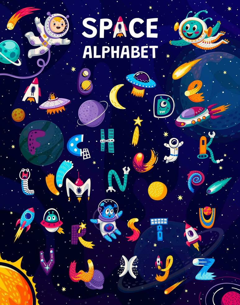 dibujos animados espacio alfabeto, vector conjunto de letras