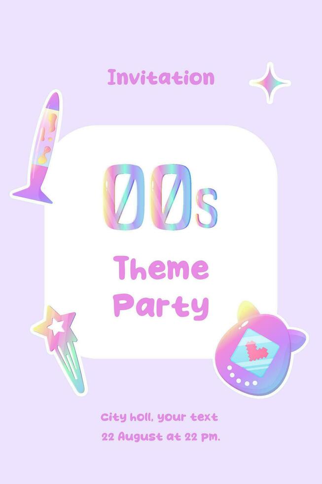 y2k invitation themed party 00s. tomagotchi, lava lamp vector