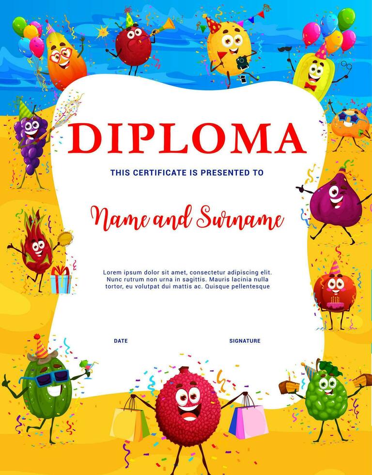 niños diploma con dibujos animados frutas en playa fiesta vector