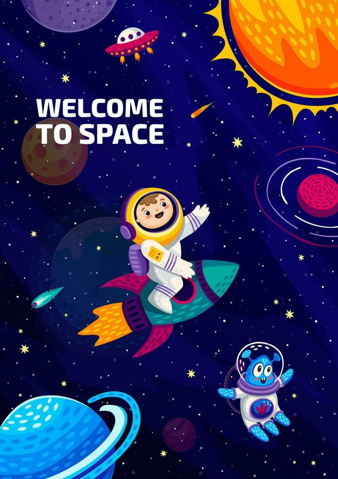 dibujos animados espacio póster con niño astronauta en cohete vector