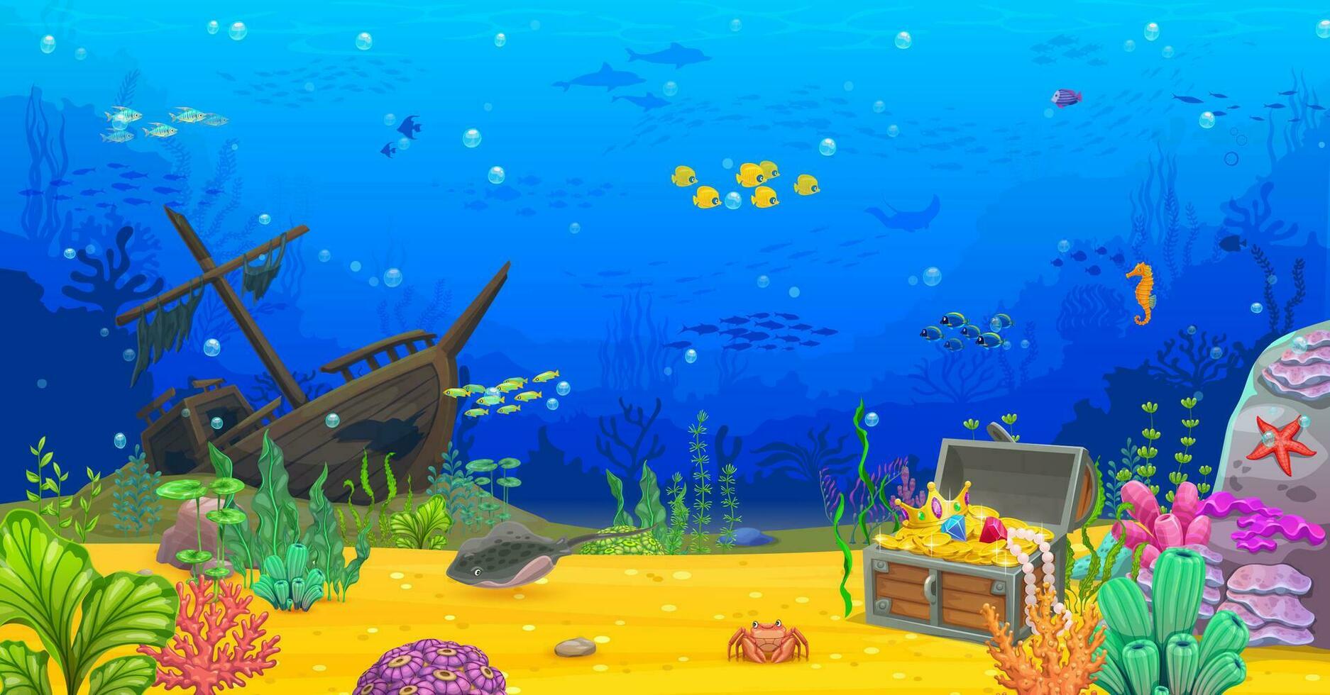 Sunken ship, treasure chest, underwater landscape vector