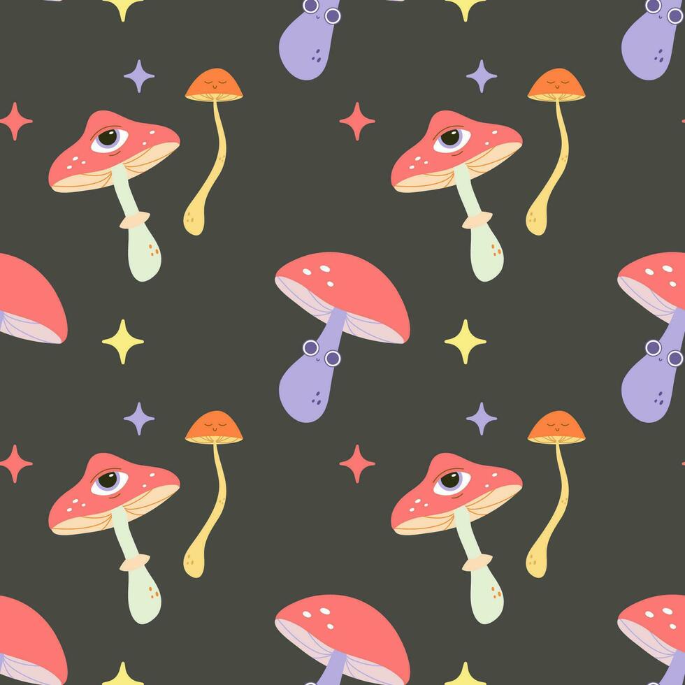 Seamless Groovy Pattern. Mushrooms, style, 70's vector