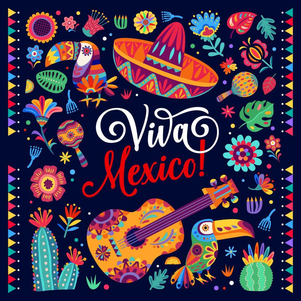 Viva mexico fiesta bandera con tucán o sombrero vector