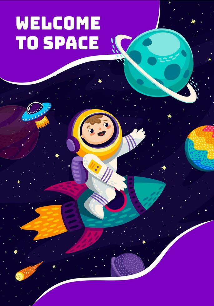 Bienvenido a espacio bandera, niño astronauta personaje vector