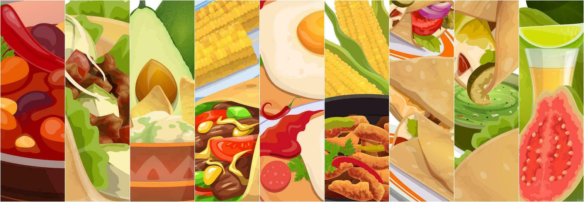 Mexican cuisine tex mex food collage panorama vector