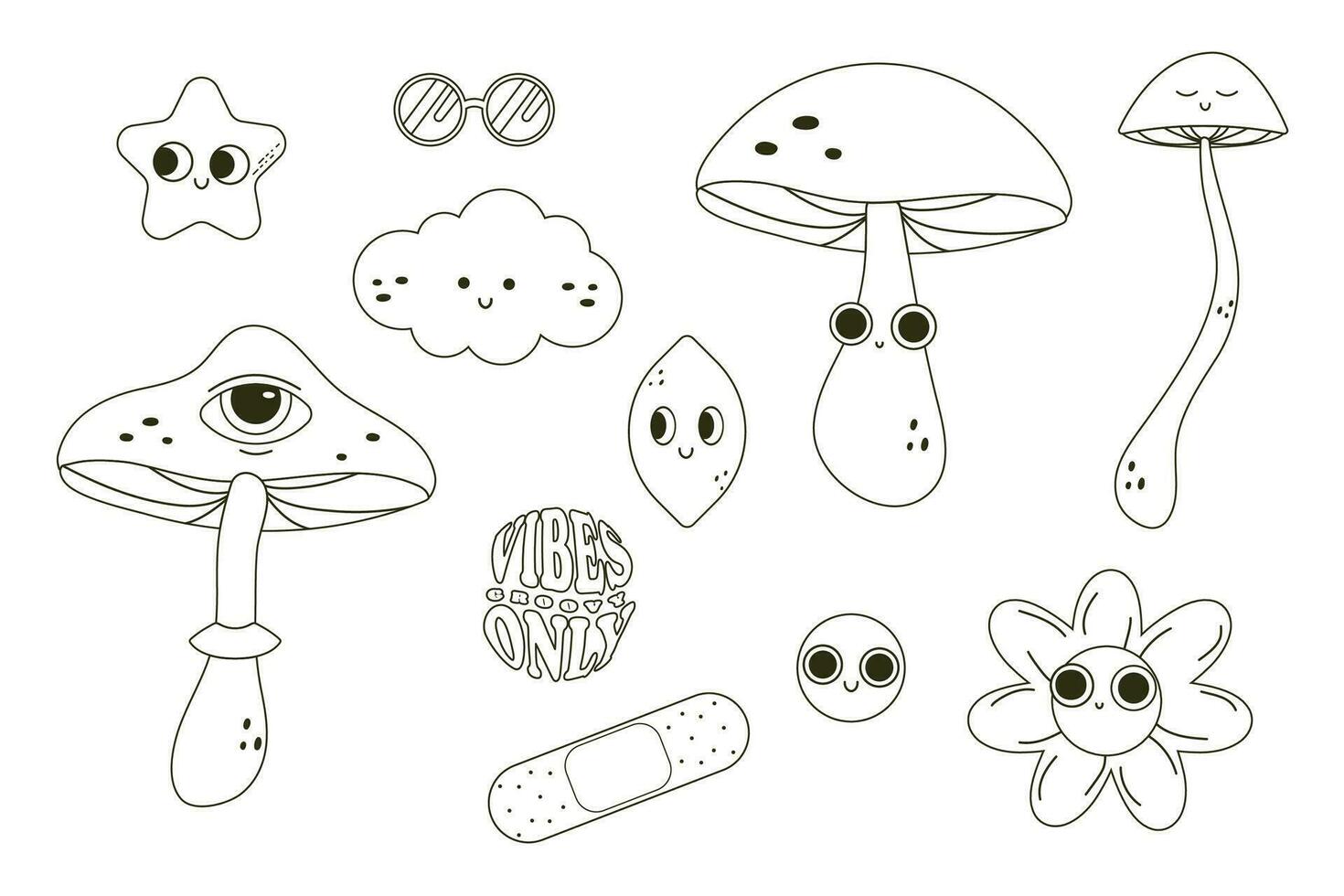 Groovy  style linear clip art sticker set vector