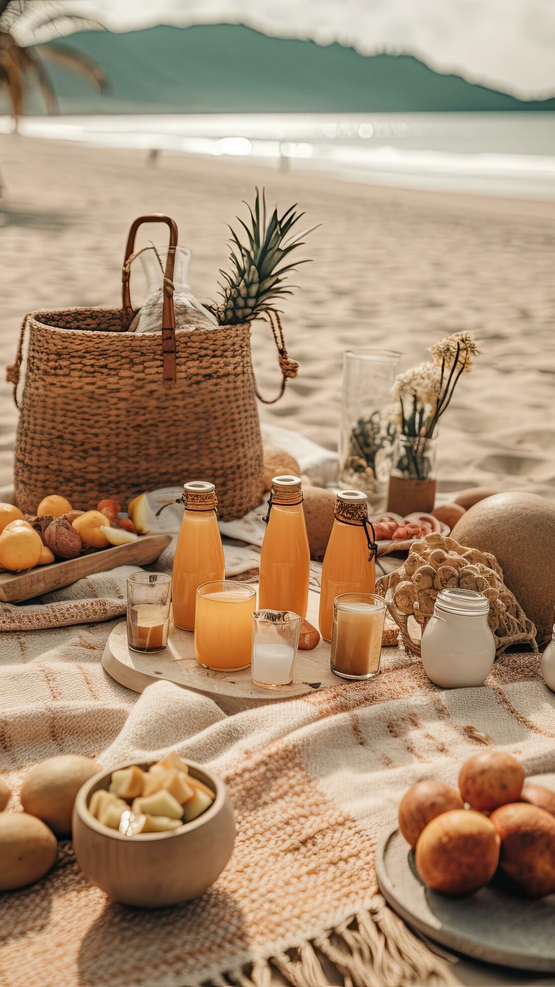 a picnic table on the beach with fruit and drinks 27383547 Stock Photo