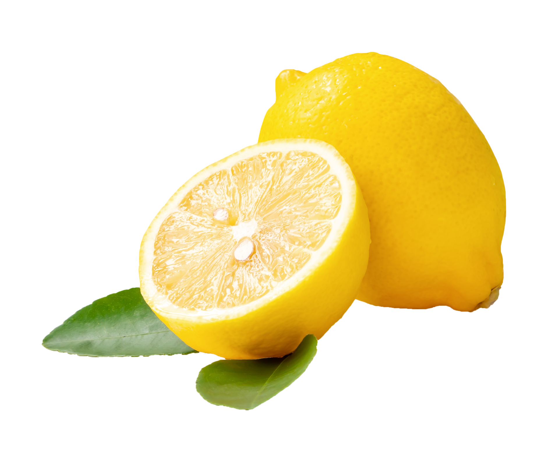Single whole fresh beautiful yellow lemons with half and leaves isolated with clipping path in