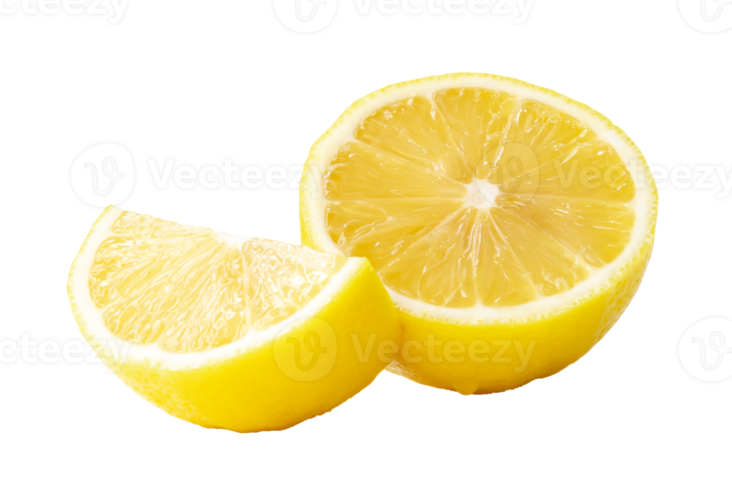 Beautiful yellow lemon half with slice isolated with clipping path in png file format