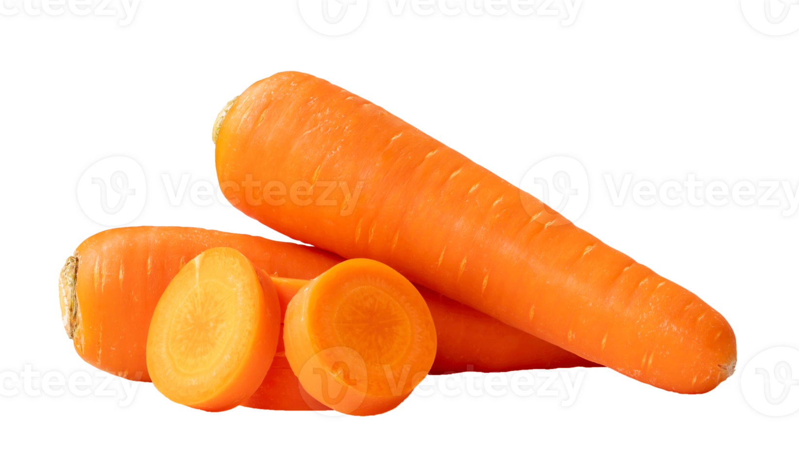 Two beautiful fresh orange carrots with slices in stack isolated with clipping path in png file format Close up of healthy vegetable root