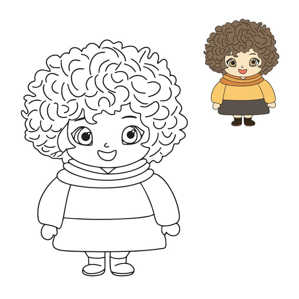 Cute girl for coloring book. Cute doll toy as coloring page for children education. Vector illustration.