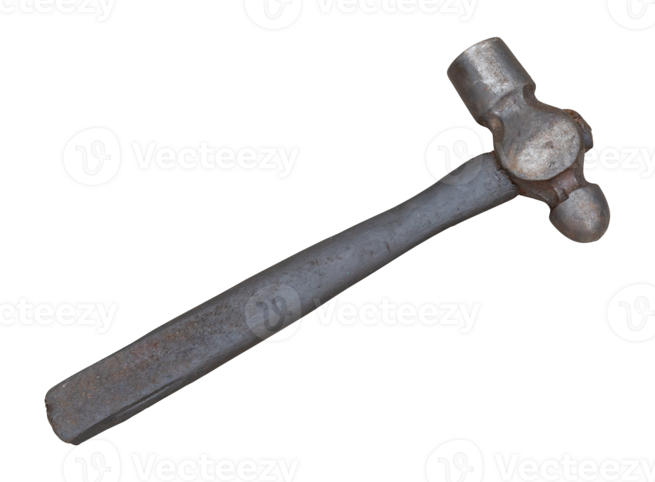 Single dirty old metal or iron hammer with dirty wooden handle isolated with clipping path in png file format