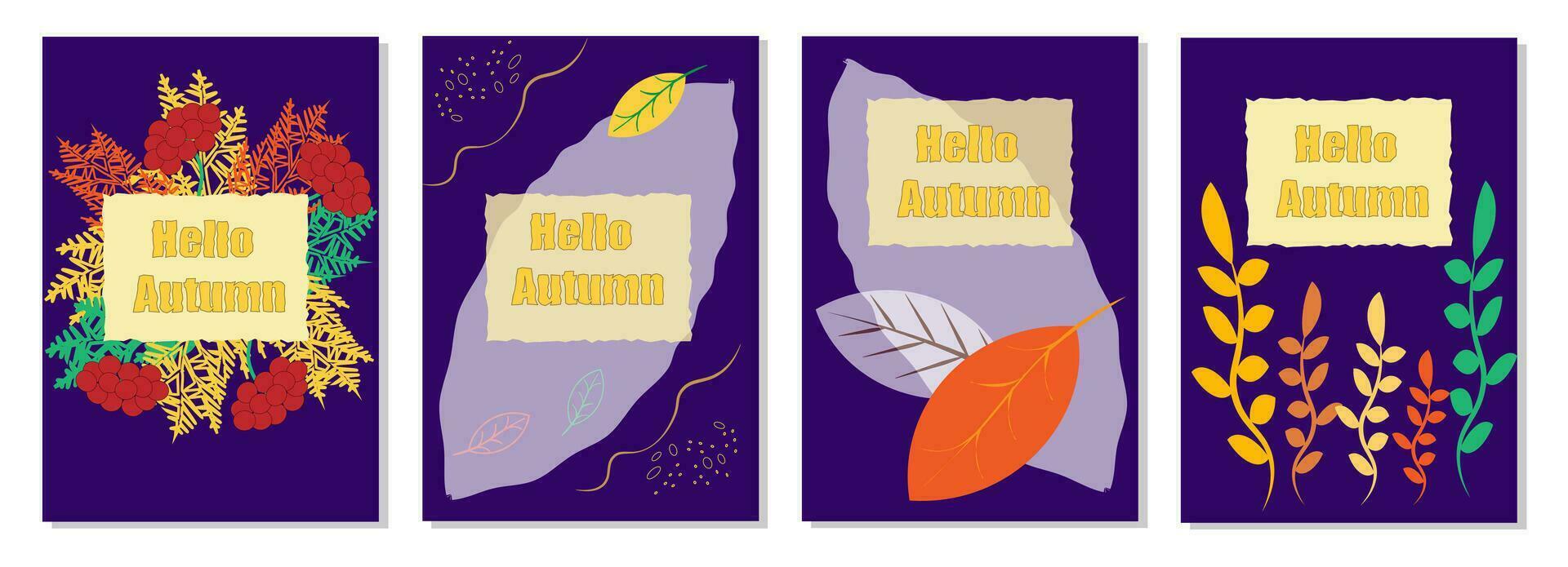 Autumn 4 lanterns abstract foliage flowers fall colors on blue Vector background EPS10