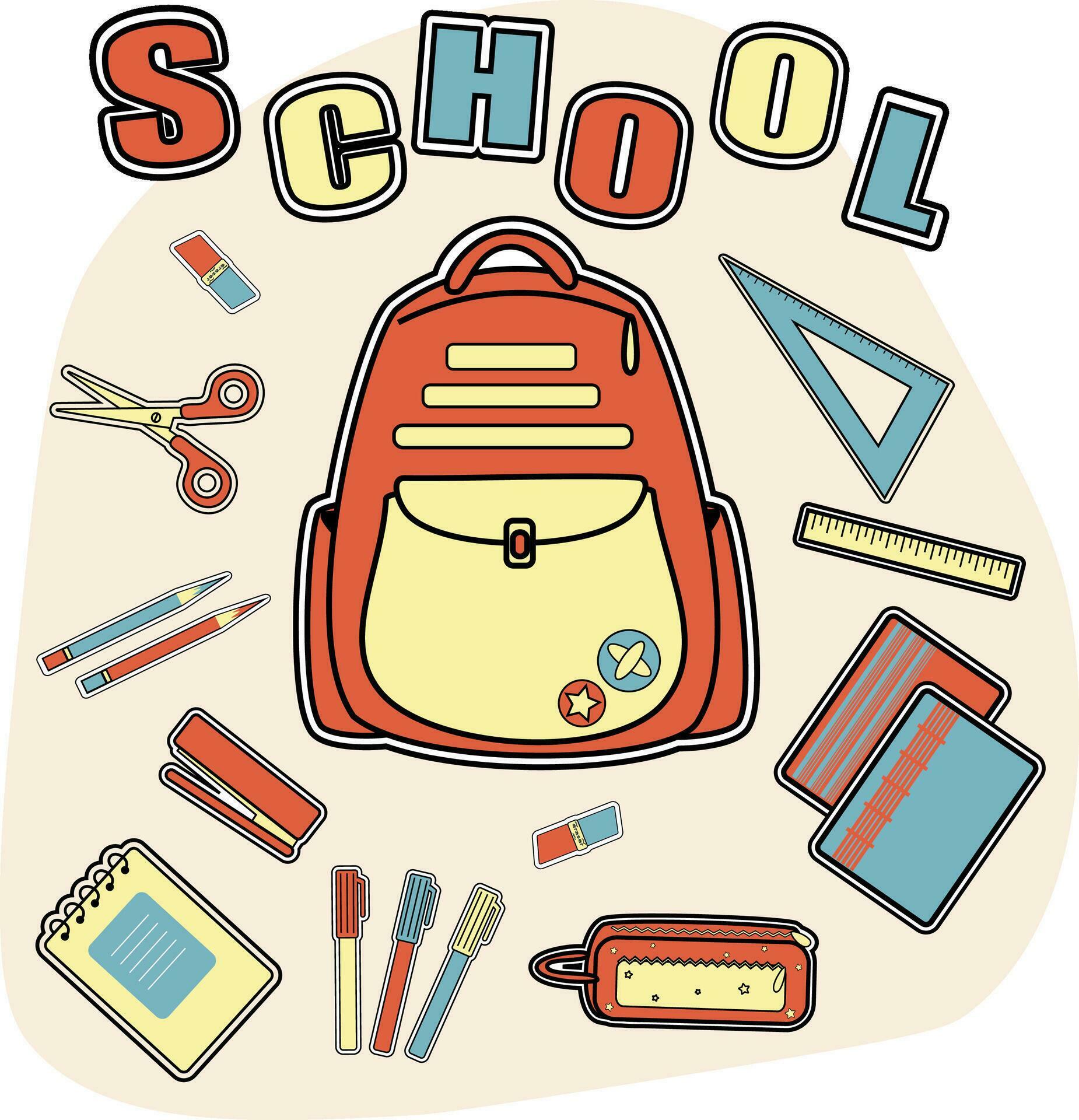 school set stickers with consumables, stationery, books, backpack