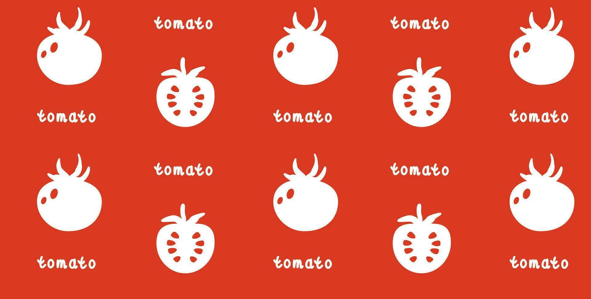 Seamless pattern white silhouette of a tomato on a red background inscription tomato. EPS10 vector