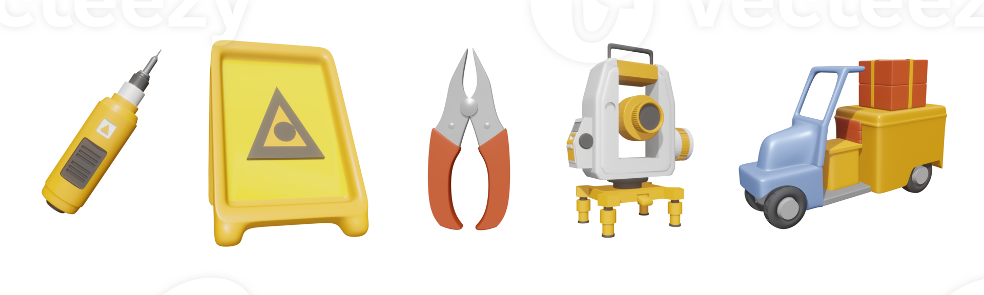 3D icon labor day collection rendered isolated on the transparent background. screwdriver, safety warning sign, pliers, theodolite, and delivery package object for your design. png