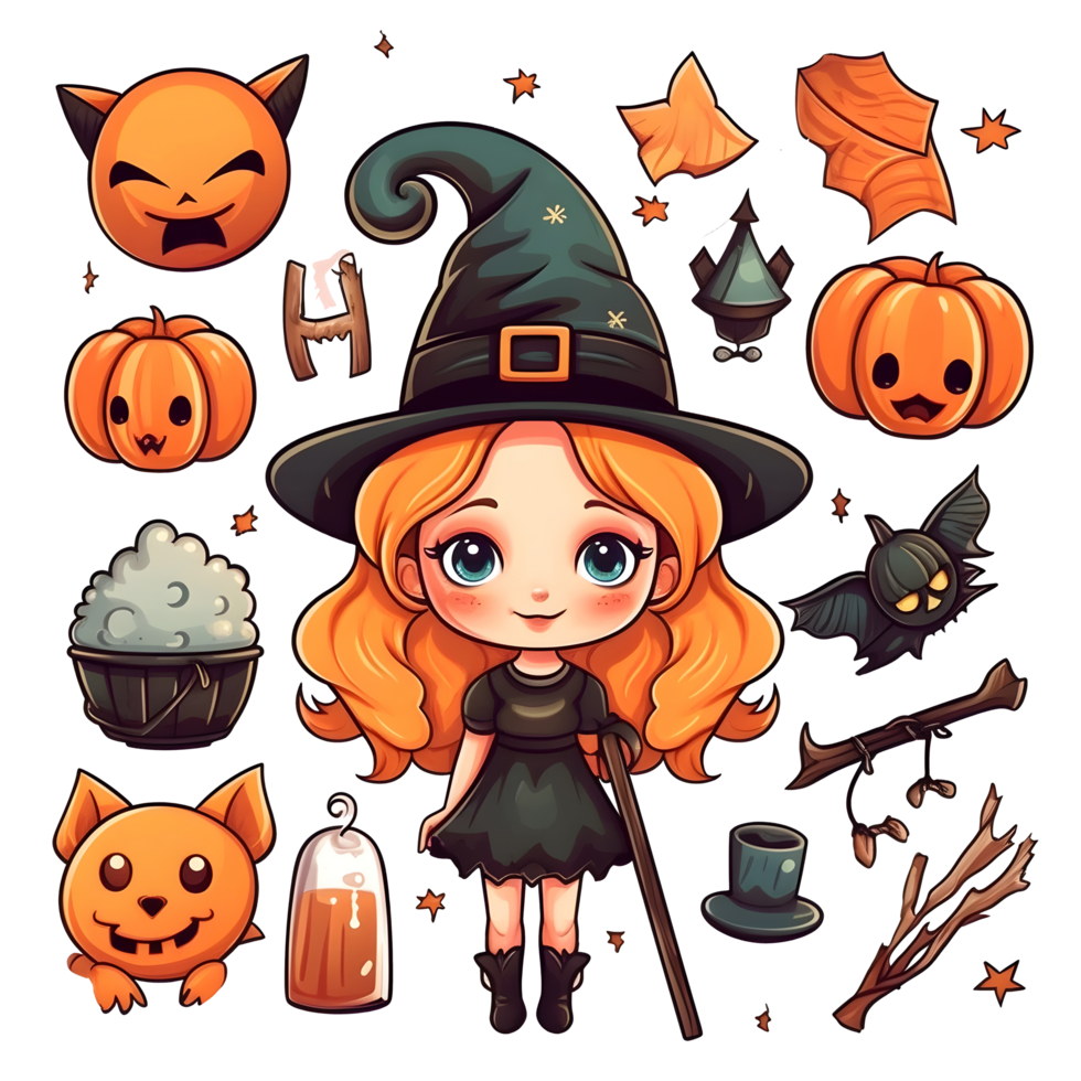 halloween cute witch cartoon character style generative AI. png