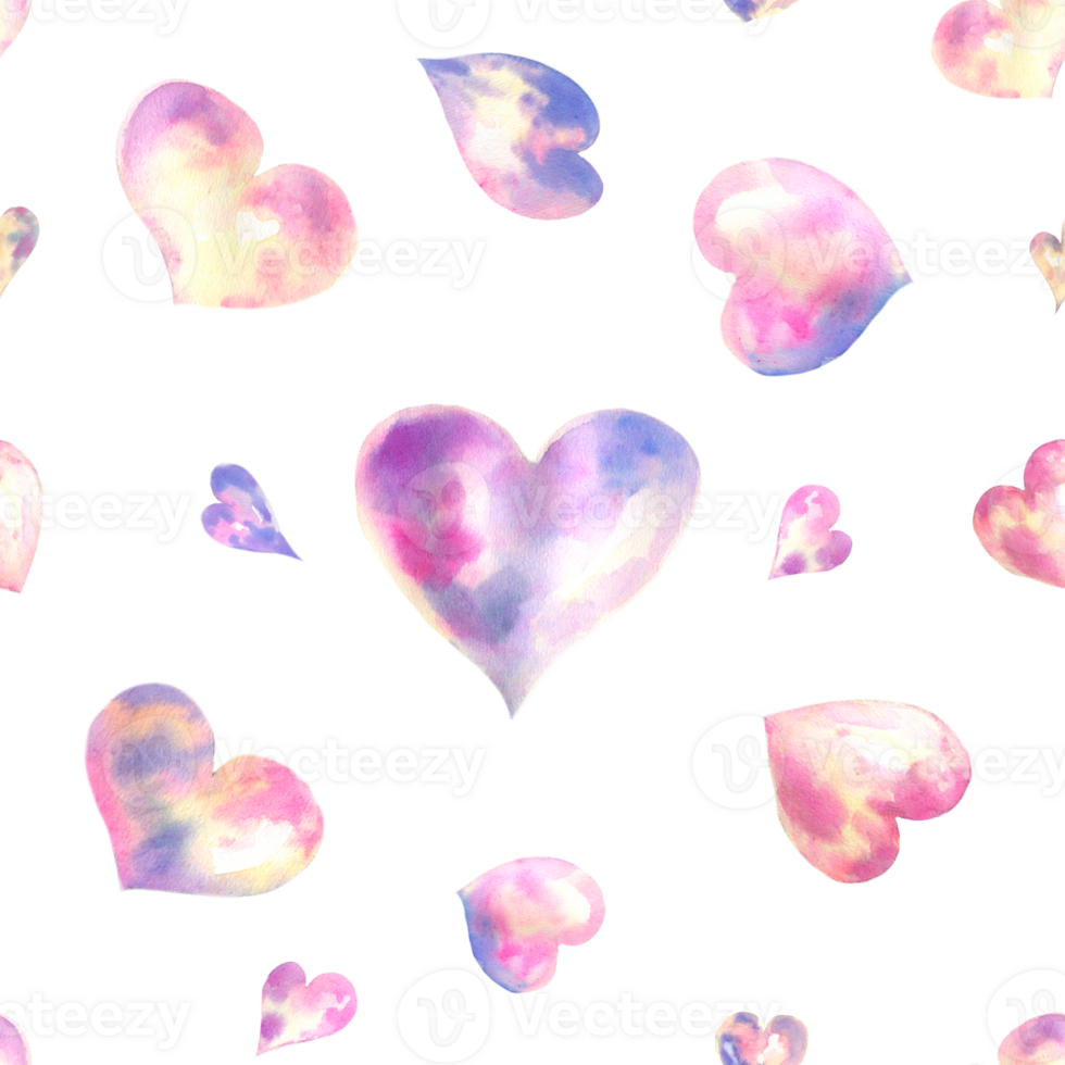 Seamless watercolor pattern with light colorful hearts. Light and soft tints of pink, girlish design. Hand-painted romantic texture for packaging, wedding, birthday, Valentine's Day. png