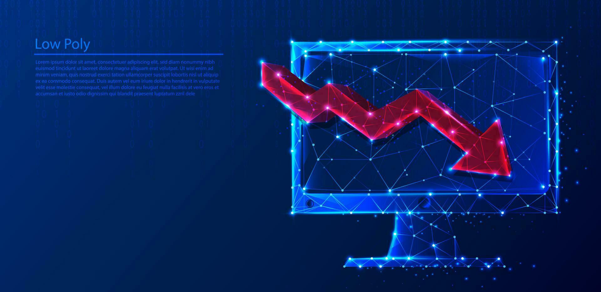 Polygonal computer with red arrow going down on dark blue tech background, triangles and particle style design. vector