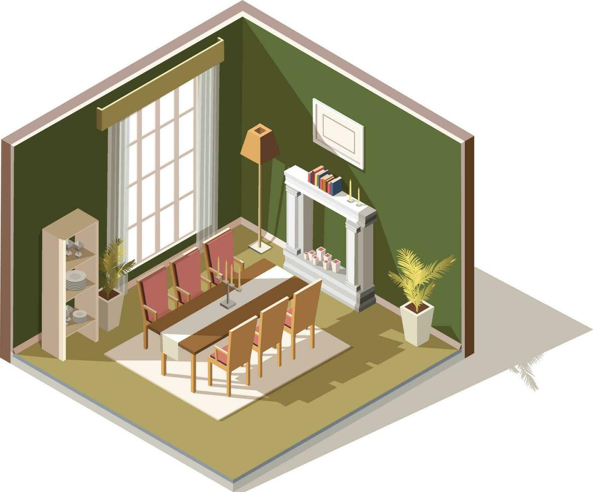 isométrica vector bajo escuela politécnica comida habitación interior.