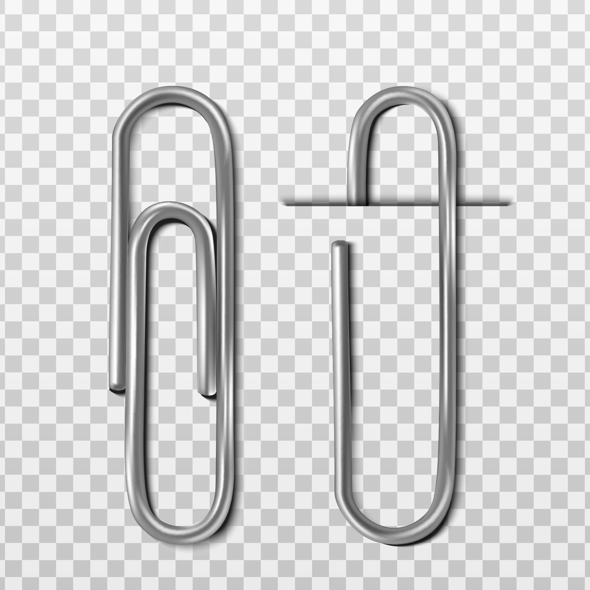 Two 3d realistic vector metal paper clips, with and without paper