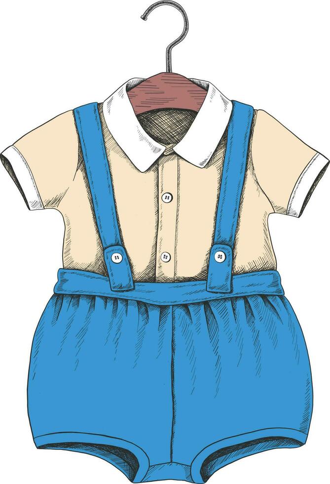 Hand drawn vector icon baby boy wardrobe shirt and shorts for special occasion on the hanger.