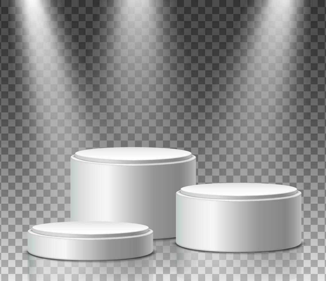 Museum exposition, blank product round stands. Three 3d realistic vector round podiums with spot lights and background.