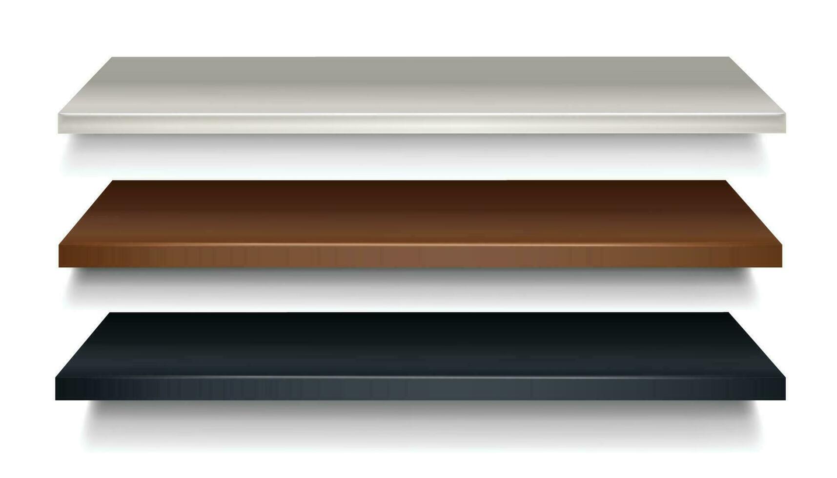 3d realista vector de madera estante en marrón y negro, blanco color en perspectiva.