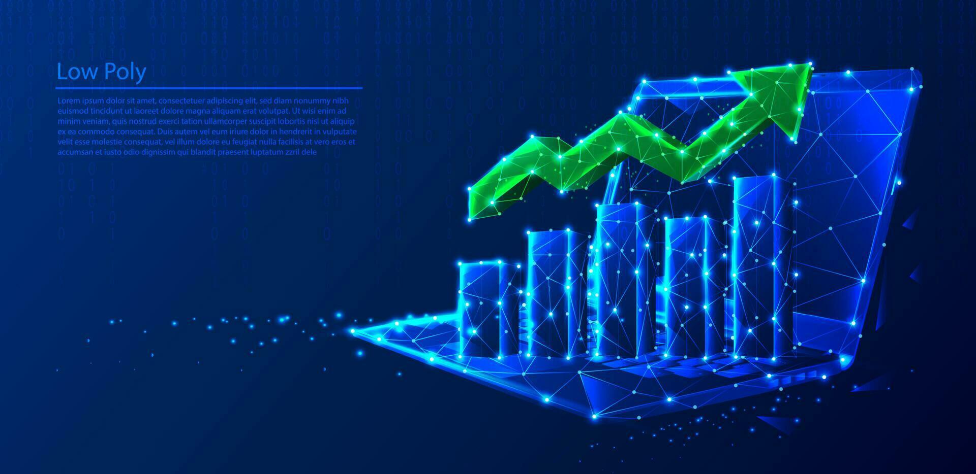 Polygonal laptop with growth charts and green arrow on dark blue tech background, triangles and particle style design. vector