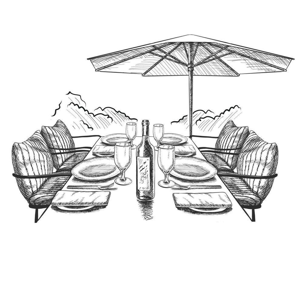 Vector illustration of hand drawn dinner table in the outdoor cafe with set of dishes and wine under umbrella.