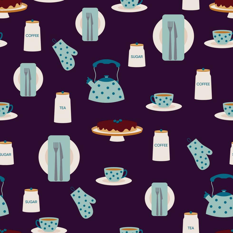 Vector seamless pattern with tea time kitchen tools. Kitchenware and utensils, kettle, cake, mug, plate, cup, fork and knife.